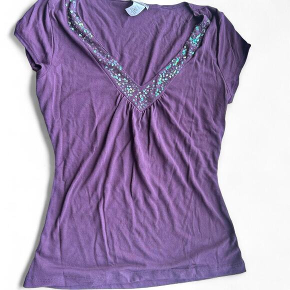 Vintage purple rave t shirt Medium Sequin Juniors top v neck y2k retro - Picture 2 of 4